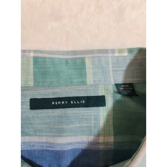 Perry Ellis Shirt Mens 3XLT XXXL Tall Blue Green Plaid 100% Cotton Short Sleeve - Picture 2 of 10
